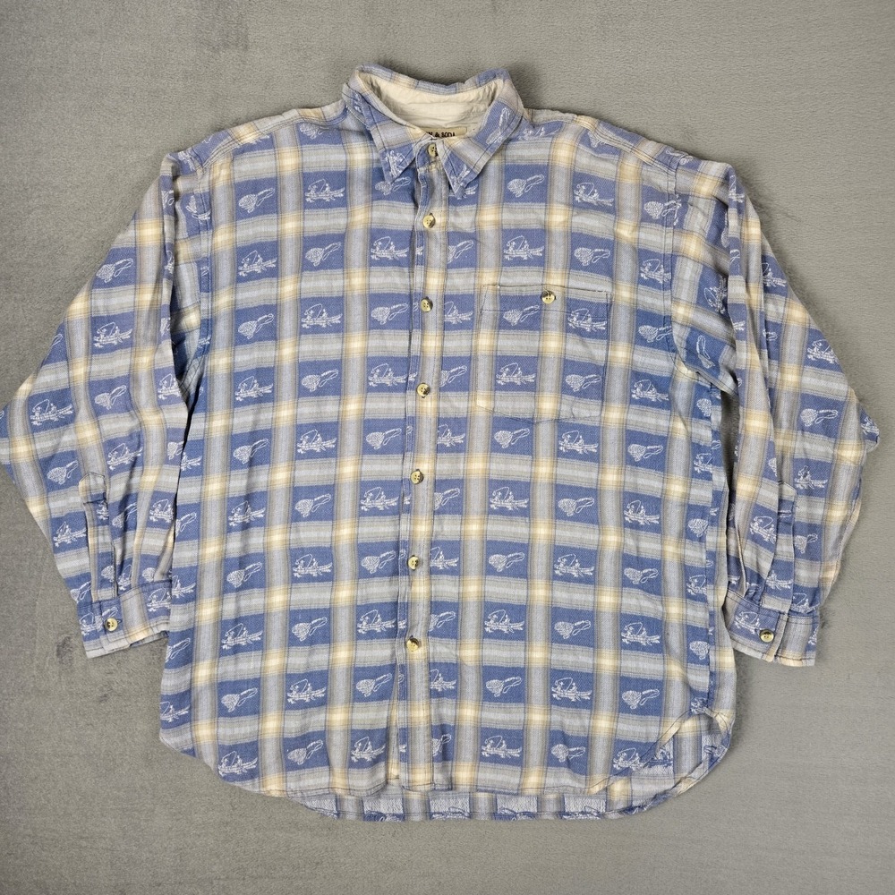 Vintage Lemon & Soda Flannel Shirt Mens Large‎ Blue Fisherman Print Heavyweight